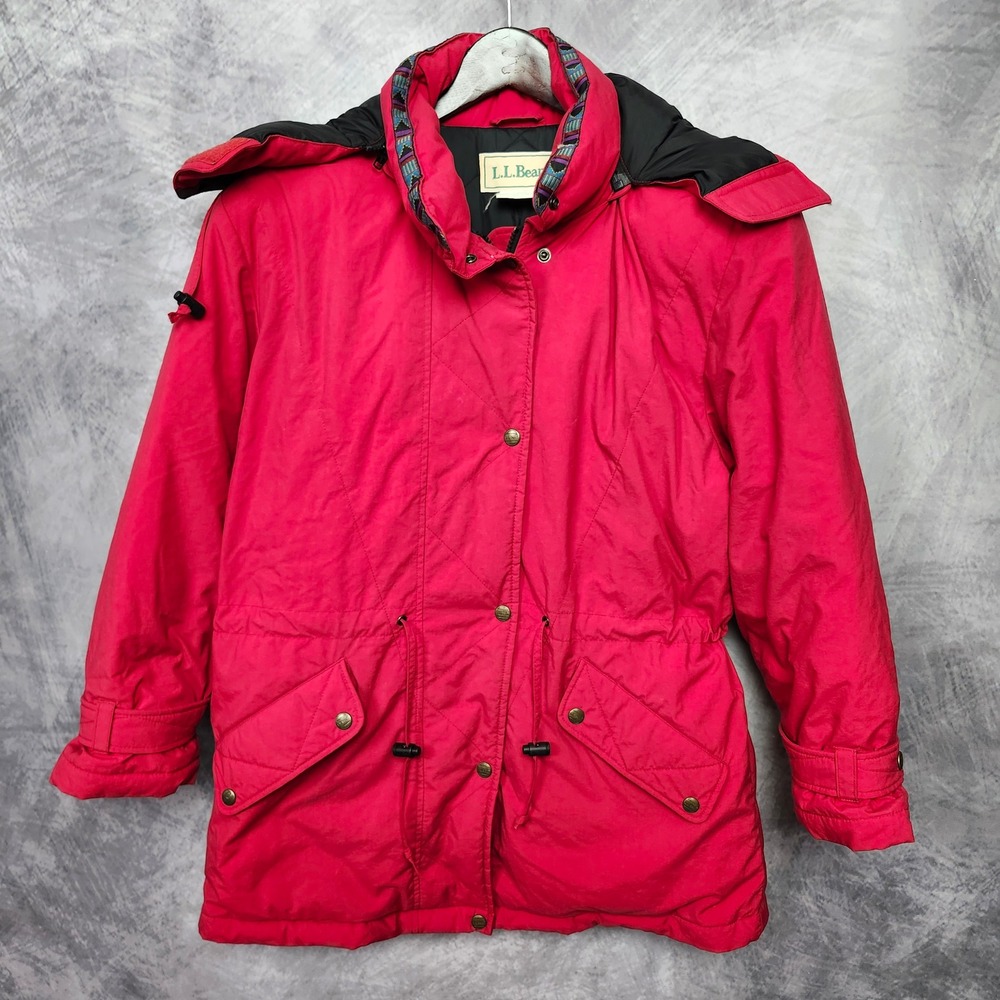 Vintage 80s 90s LL Bean Goose Down Parka Jacket Womens M Red Aztec Southwestern